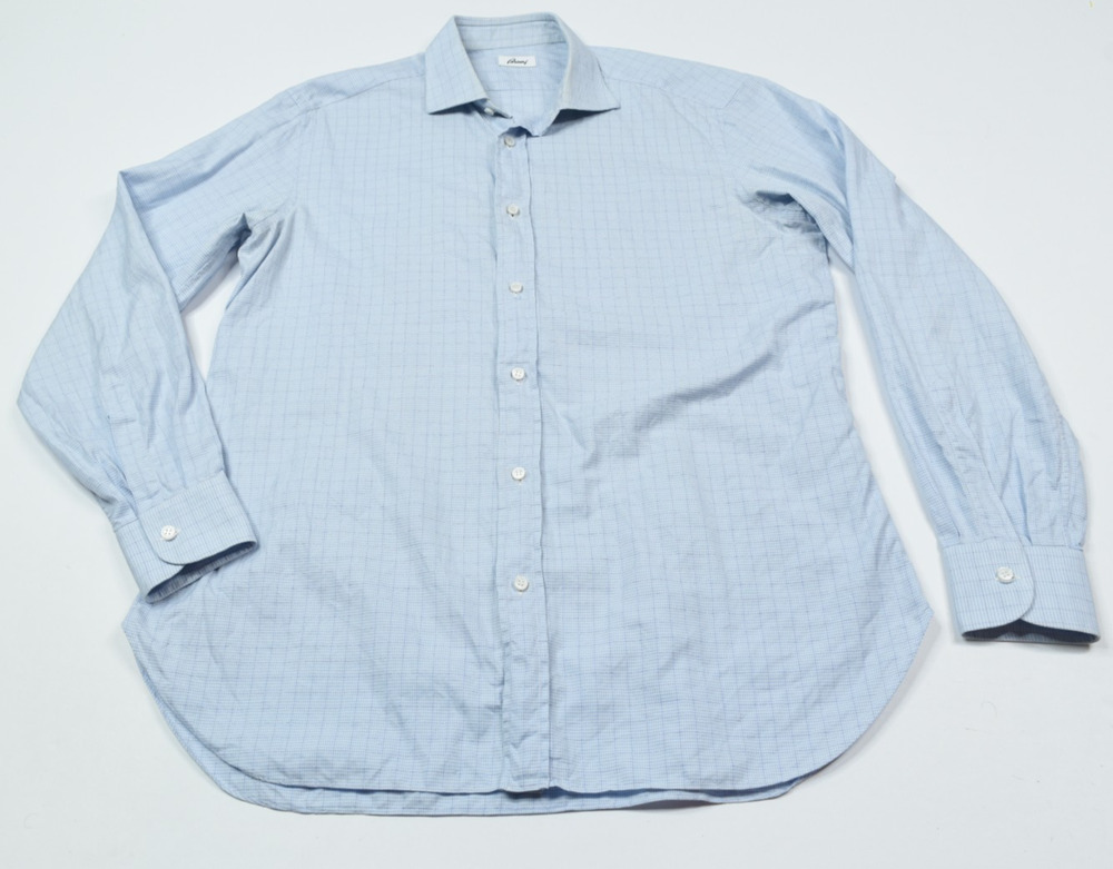 Brioni Shirt Mens 16 Blue White Plaid Check Long Sleeve Button-Up Cotton Italy